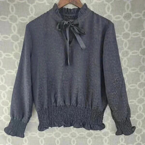 G.I.L.I. Animal Printed Mock neck Keyhole Ruffle Long Sleeve Blouse M Black